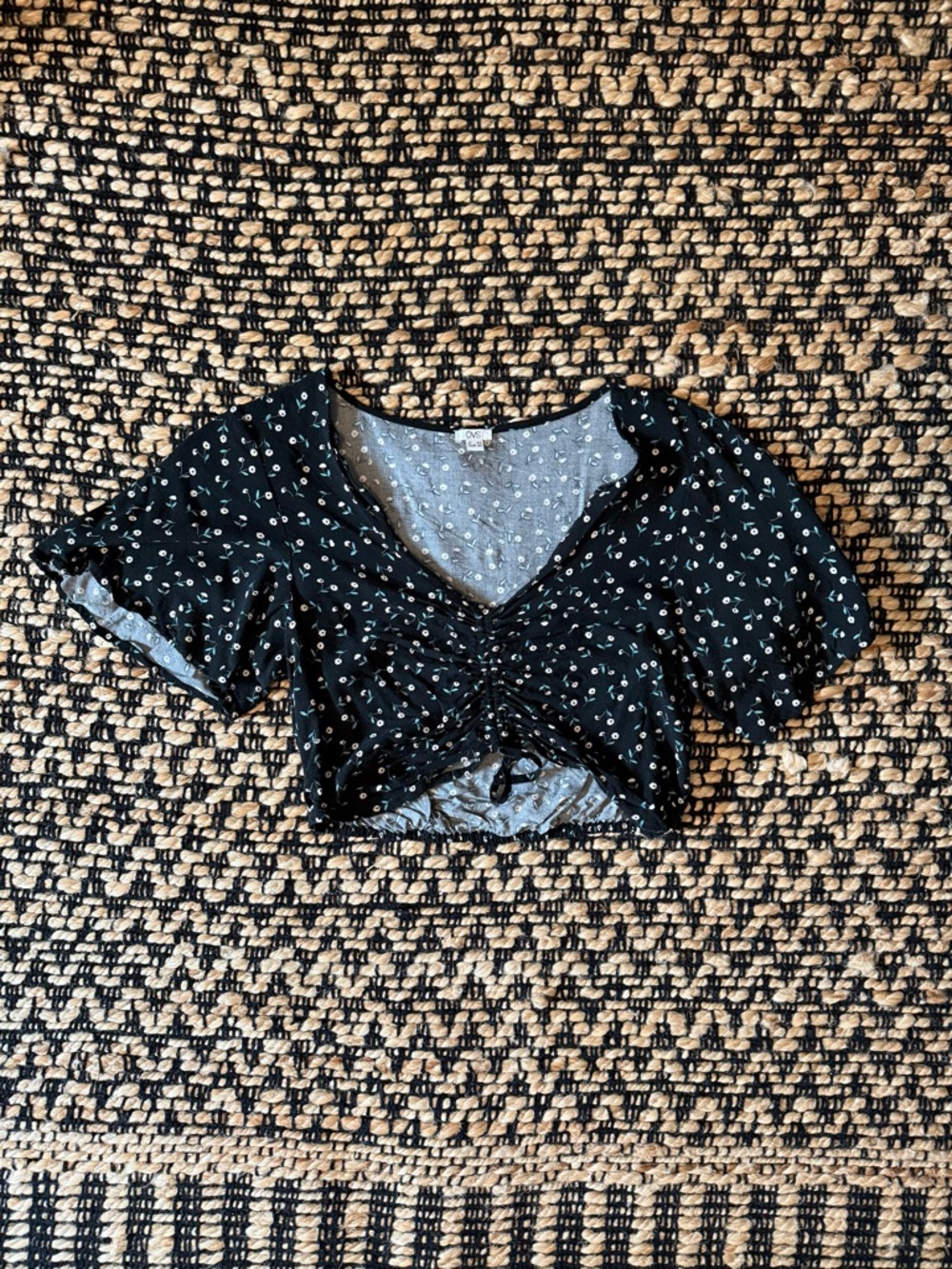 Black Floral Crop Top with Tie Detail Size M